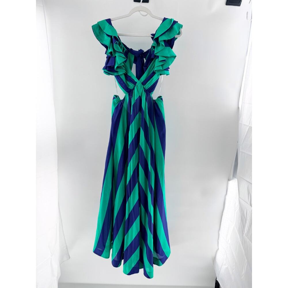 Zimmermann Tiggy Silk Striped Frill Shoulder A-Line Maxi Dress Green Blue 1 / S - Picture 3 of 6
